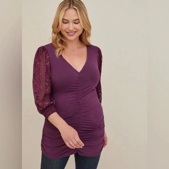 Torrid Plum Lace V-Neck Ruched Front Long Sleeve Top Blouse Size M (00) Medium - Picture 2 of 6